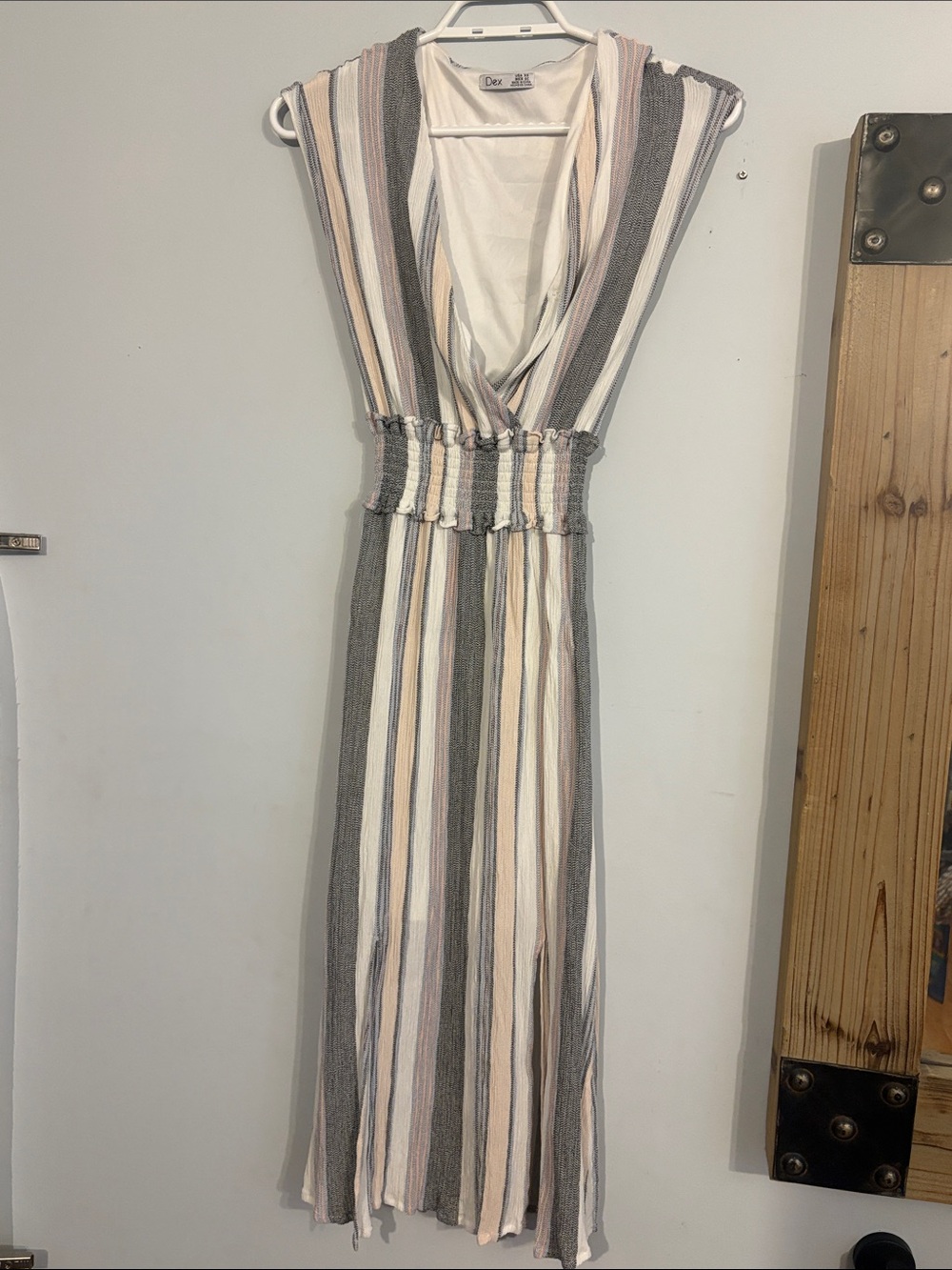 Dex Sleeveless V-Neck Striped Maxi Dress in Gray, Cream & Blush